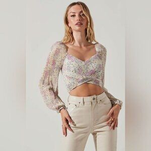 Astr The Label  Bonnie Lilac Multi Floral Long-Sleeve Plisse Crop Top-M
